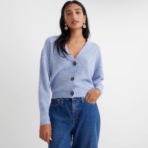 J. Crew Ribbed V-Neck Cardigan Sweater Alpaca Blend Heather River Blue - Picture 3 of 9